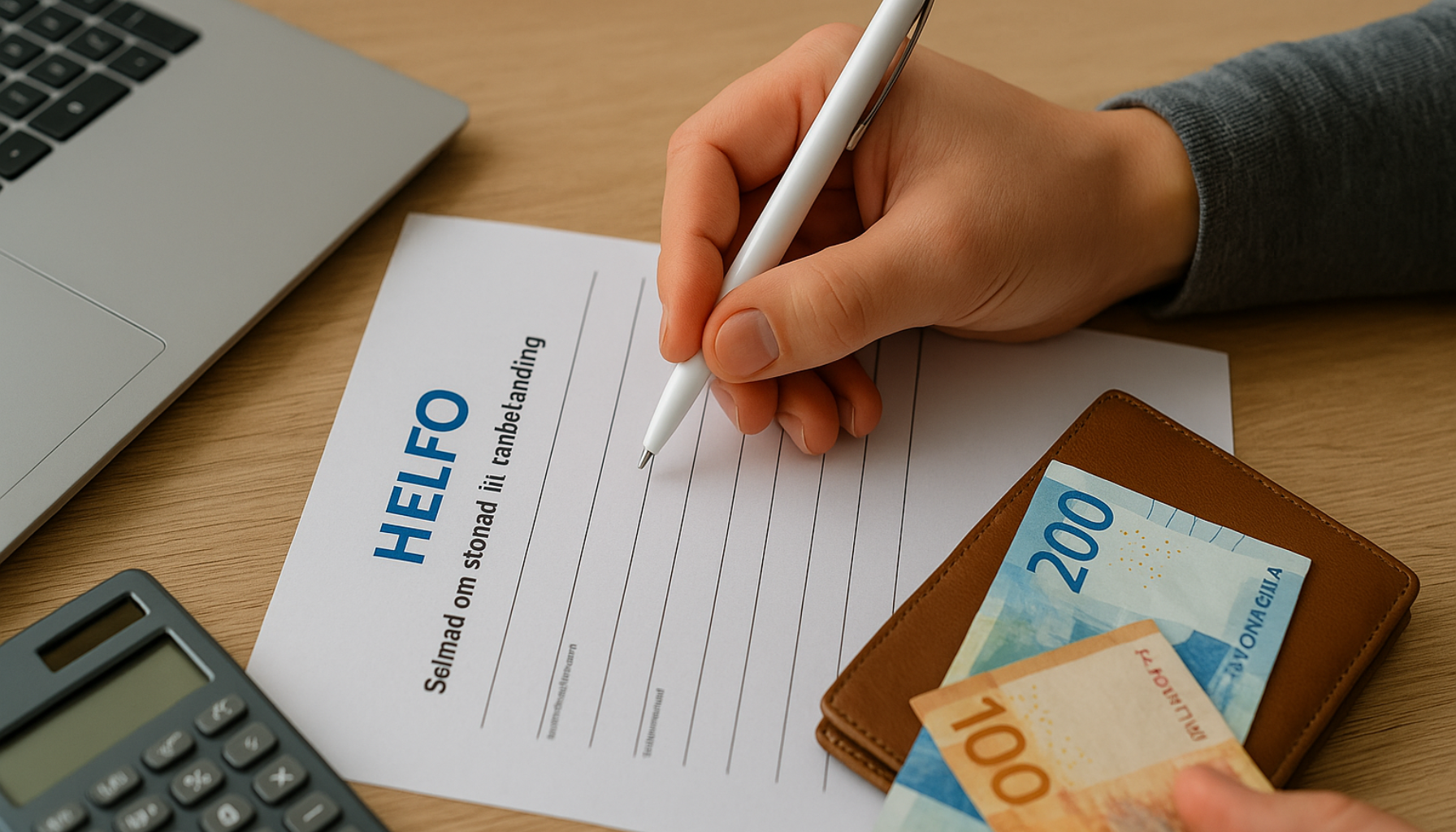 Helfo: Slik får du støtte til tannbehandling 12 Hånd som fyller ut skjema ved siden av laptop, kalkulator og lommebok med norske sedler på bordet.