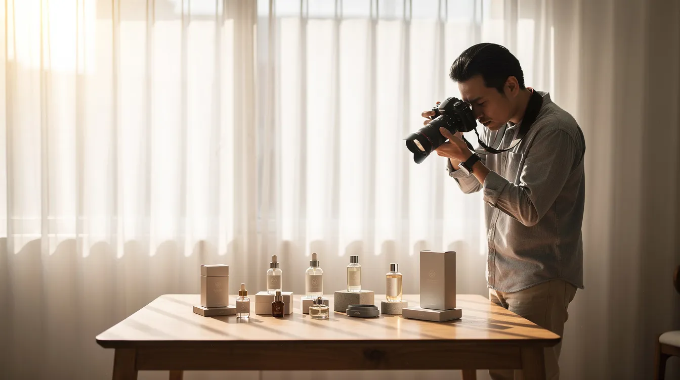 An individual is capturing images of small products, such as health and beauty items, on a table illuminated by natural light from a nearby window. This setup is ideal for creating appealing eBay listings that showcase the products effectively for potential buyers.