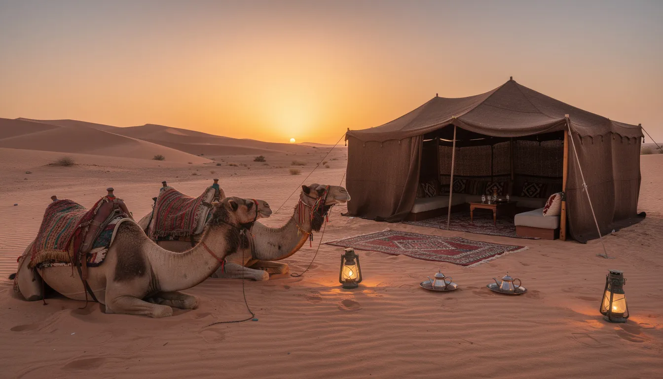 The image depicts a serene Moroccan desert camp at sunset, featuring traditional tents and camels resting in the warm glow of the evening light. This enchanting scene invites travelers to experience the magic of North Africa, reminiscent of the vibrant cultures found in Spain, Portugal, and Morocco.