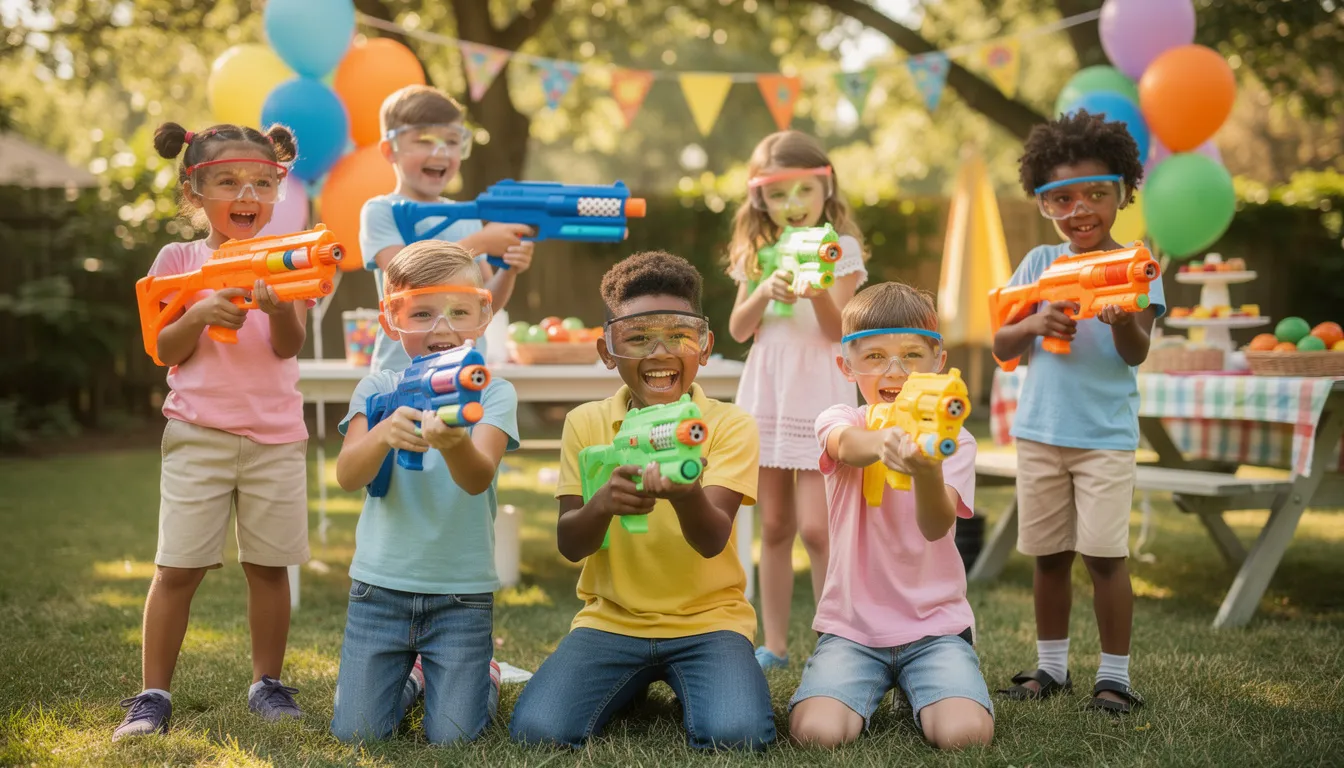 The image shows a group of children wearing safety goggles and joyfully holding colorful nerf blasters at an outdoor party, ready for an epic nerf battle. They are surrounded by a festive atmosphere, emphasizing fun and camaraderie as they prepare to shoot foam darts at each other.