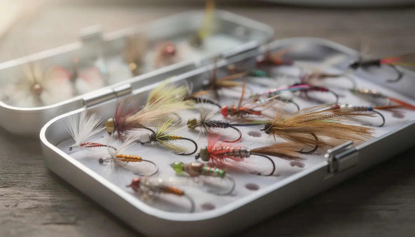 Zbliżenie na pudełko wypełnione kolorowymi sztucznymi muchami, w tym suchymi, nimfami i streamerami, które są niezbędnymi akcesoriami wędkarskimi dla wędkarzy muchowych. Różnorodność typów przynęt wskazuje na różne techniki łowienia ryb, takie jak pstrągi i szczupaki, które można spotkać na powierzchni wody.
