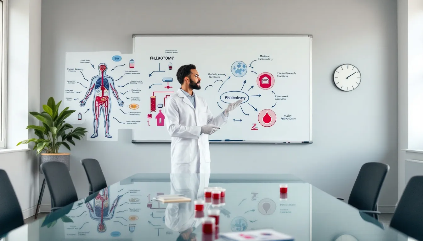 A phlebotomist demonstrating training techniques in a classroom setting.
