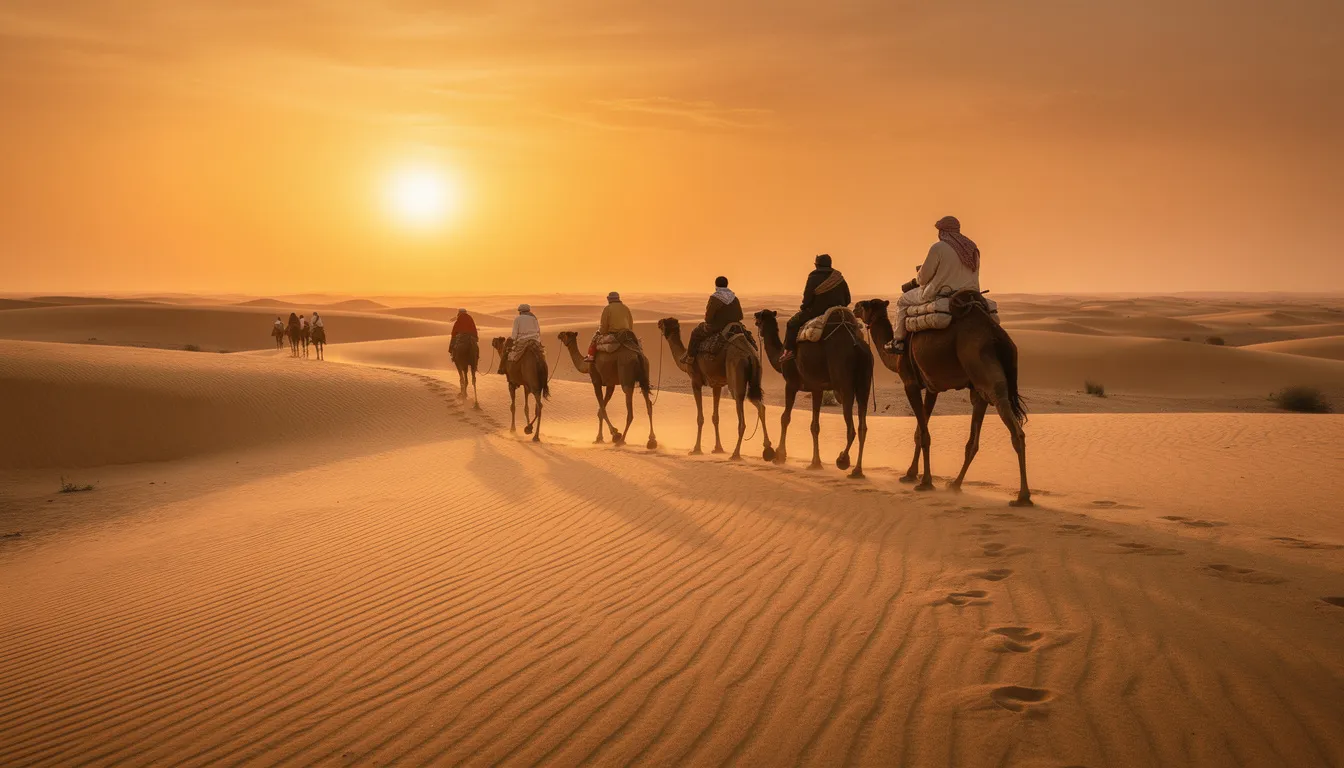 A camel caravan gracefully traverses the golden sand dunes of the Sahara Desert at sunset, with a vibrant orange sky providing a stunning backdrop. This picturesque scene captures the essence of Morocco's rich culture and offers a glimpse into the unforgettable experiences of guided desert tours in Morocco.