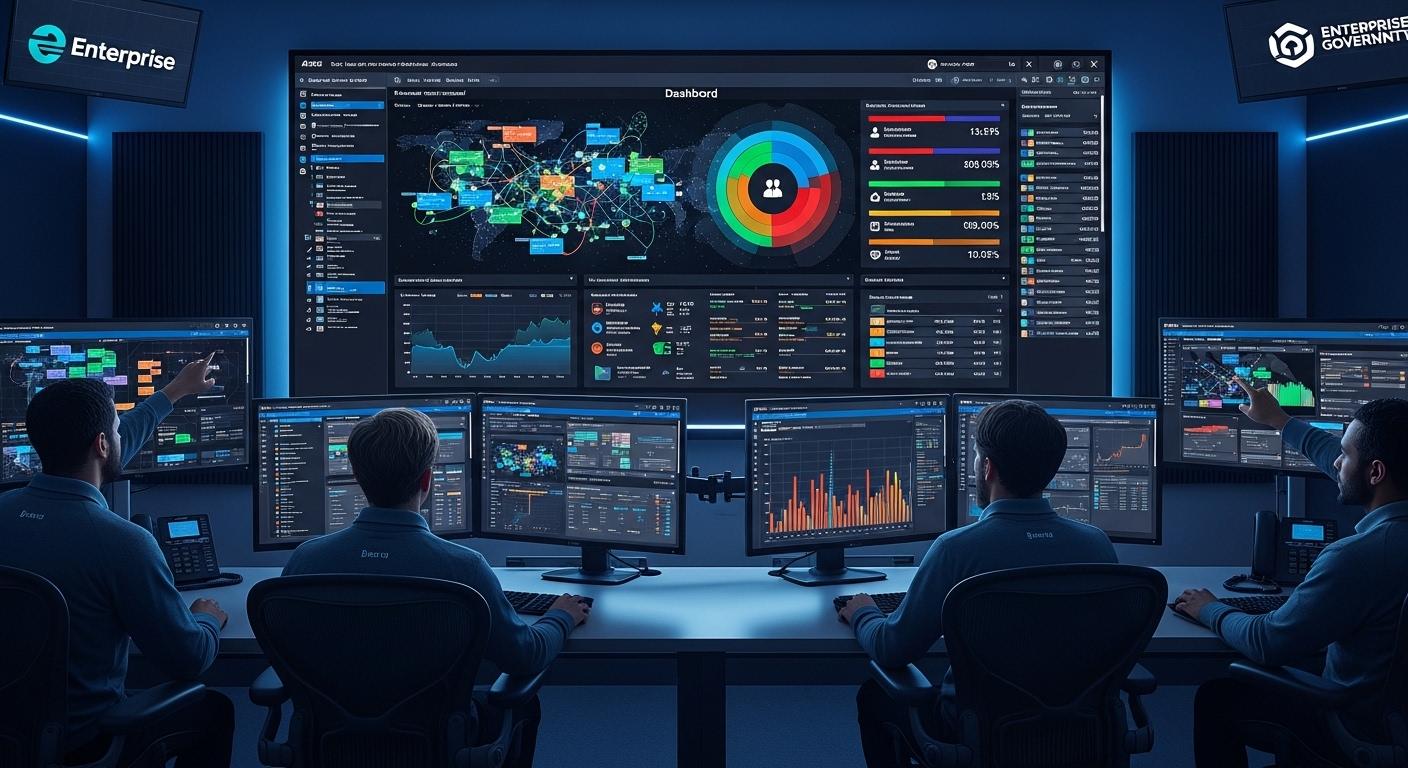 Enterprise and government security teams monitoring Zero Trust architecture through centralized dashboards protecting users, devices, applications, and sensitive data.