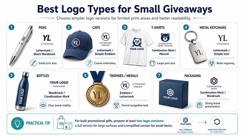 Best logo types for small giveaways such as pens, caps, keychains, bottles, medals and packaging
