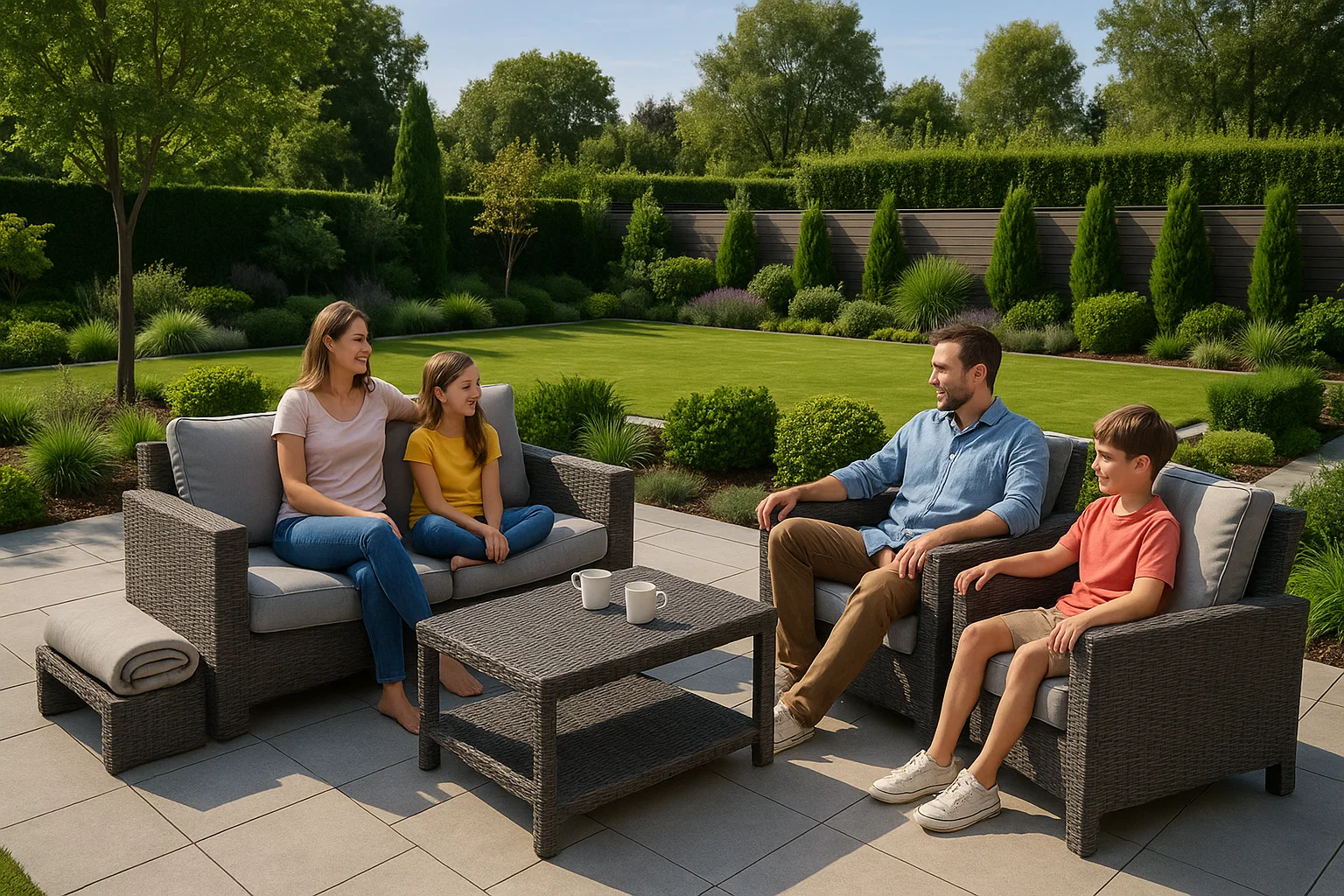 Family enjoying a landscaped garden with patio seating and low-maintenance features.