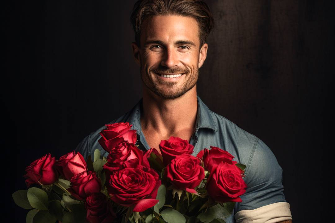 Man holding red roses for delivery in Cape Town for a birthday to your special someone. Add a vase and greenery.