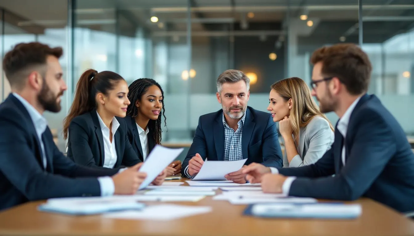 Im Rahmen eines Meetings erörtert das Team die Einzelheiten eines Werkvertrags, der eine Arbeit oder Dienstleistung herbeizuführender Erfolg zum Gegenstand hat. Die Teilnehmer sprechen über Regelungen zur Vergütung und die Pflichten des Unternehmers sowie des Bestellers im Rahmen des Werkvertragsrechts.