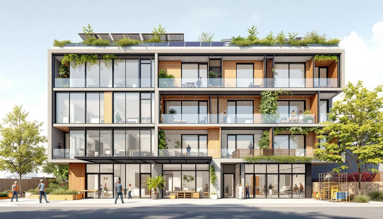 An illustration depicting the transformation of a commercial building into residential units, showcasing the concept of commercial to residential conversion.