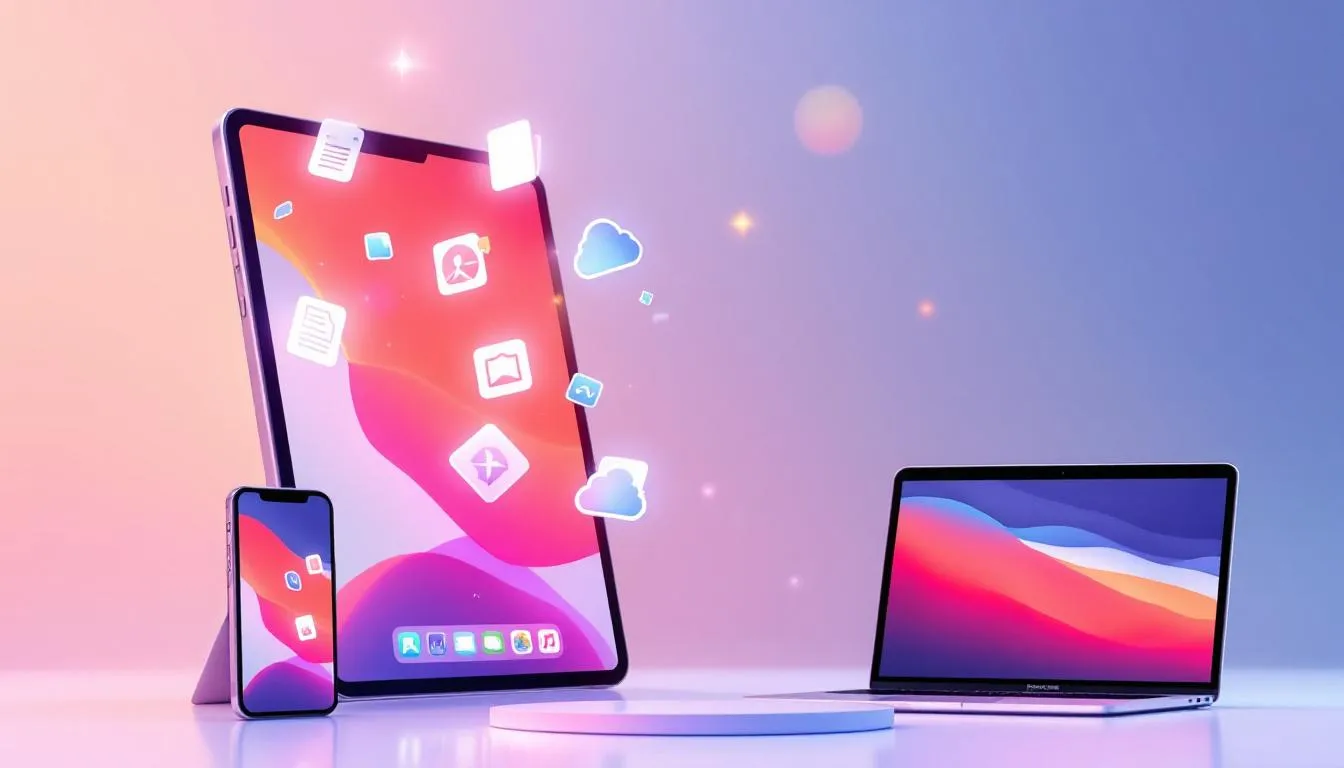 Illustration de la synchronisation de fichiers sur diff&eacute;rents appareils via iCloud.