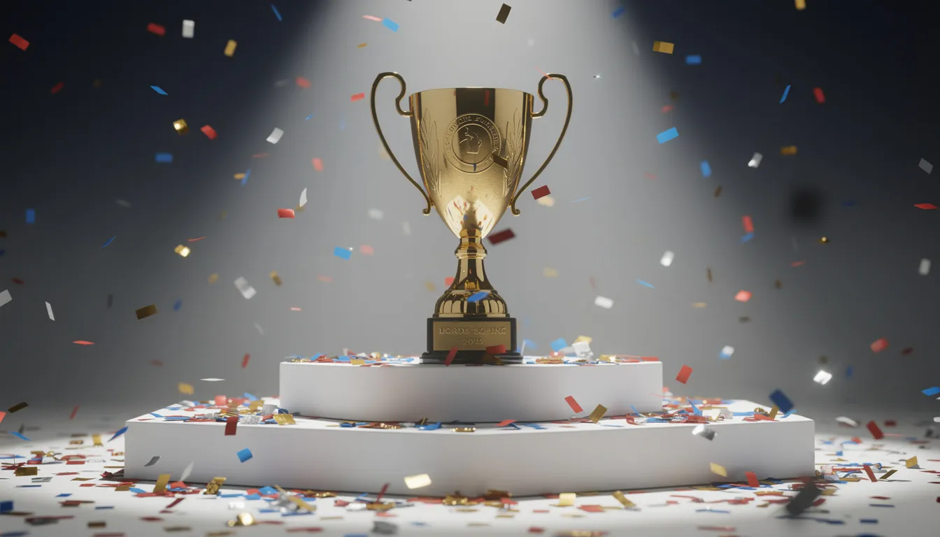 A gleaming golden trophy sits atop a podium, surrounded by a burst of colorful confetti, symbolizing victory and celebration. This image evokes the excitement of winning cash prizes and bonuses, reminiscent of rewards from sweepstakes casinos like stake.us.