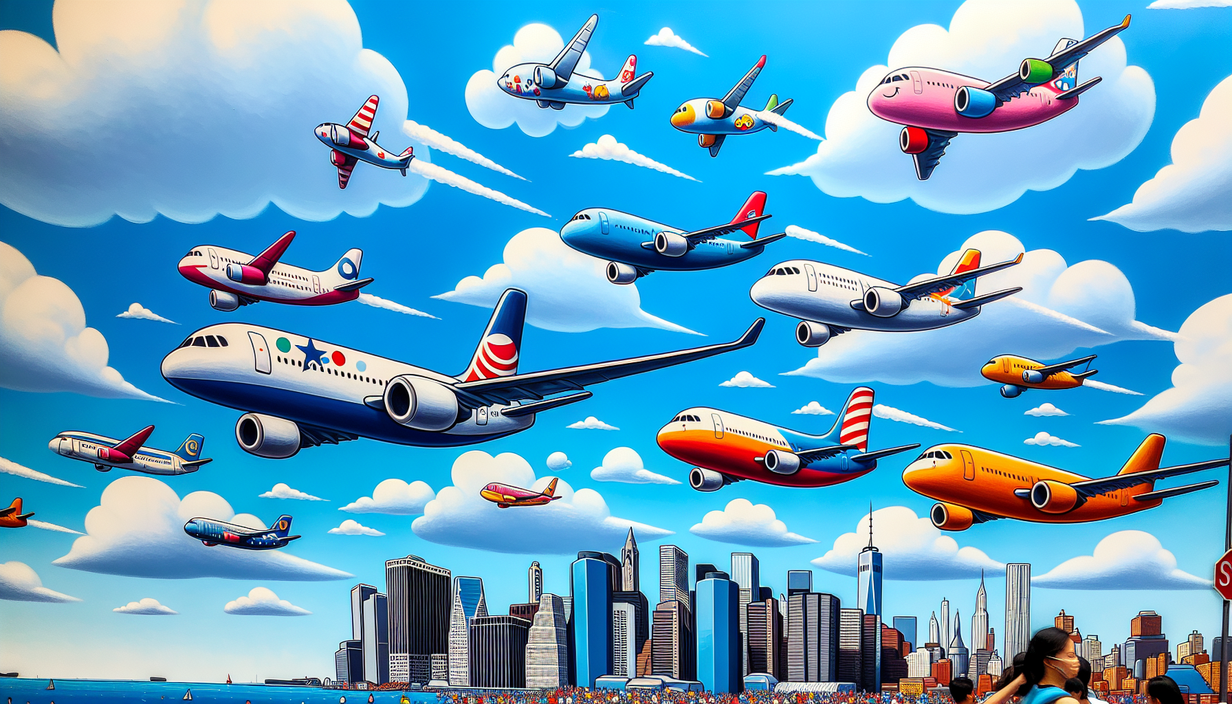 A cartoon representation of various airlines offering direct flights from Los Angeles to NYC.