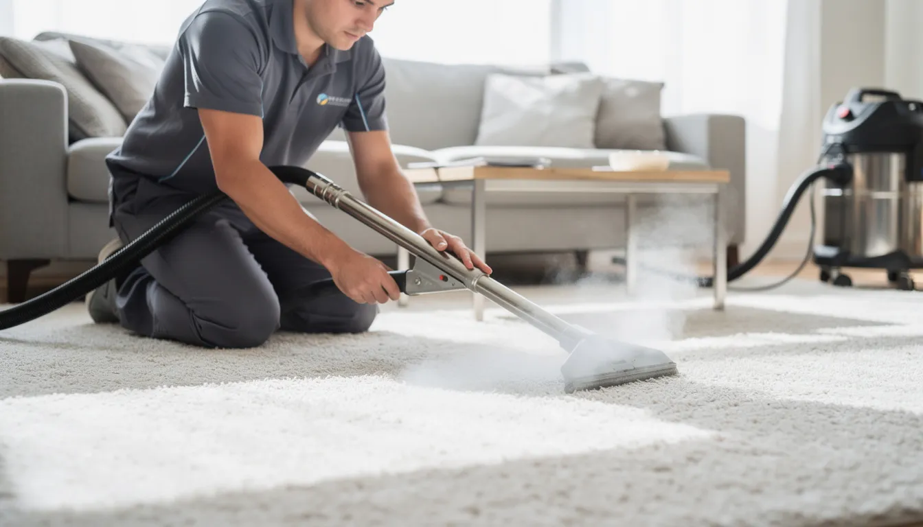 A professional carpet cleaning technician is using steam cleaning equipment to deep clean a residential carpet, effectively removing smoke odors and particles that may linger after a fire. The technician is focused on restoring the carpet to its original condition, ensuring a fresh air environment free from smoke damage.