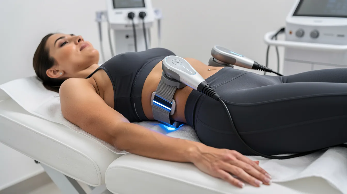 A person in athletic wear is lying on a treatment bed in a clean clinical environment, receiving a non-invasive electromagnetic muscle-toning treatment on their abdomen to enhance muscle tone and promote body contouring. The procedure aims to stimulate collagen production and target stubborn fat cells for effective fat reduction.