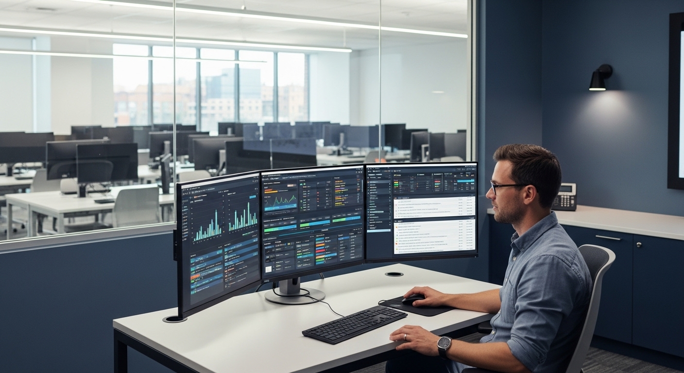 IT administrator managing software updates and security patches across multiple lab computers from a central dashboard.
