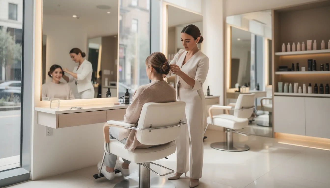 Una profesional de belleza está atendiendo a una cliente en un salón moderno y bien iluminado, donde se pueden ver productos de estética organizados y un ambiente acogedor. Este servicio se complementa con recordatorios automáticos de citas, asegurando una experiencia fluida para los clientes.