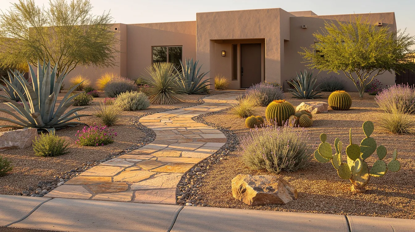 The image showcases a completed front yard landscape featuring a winding stone pathway that gracefully navigates through vibrant native desert plants, highlighting a successful landscape installation. This outdoor space is designed to enhance property value while providing visual interest and functionality.