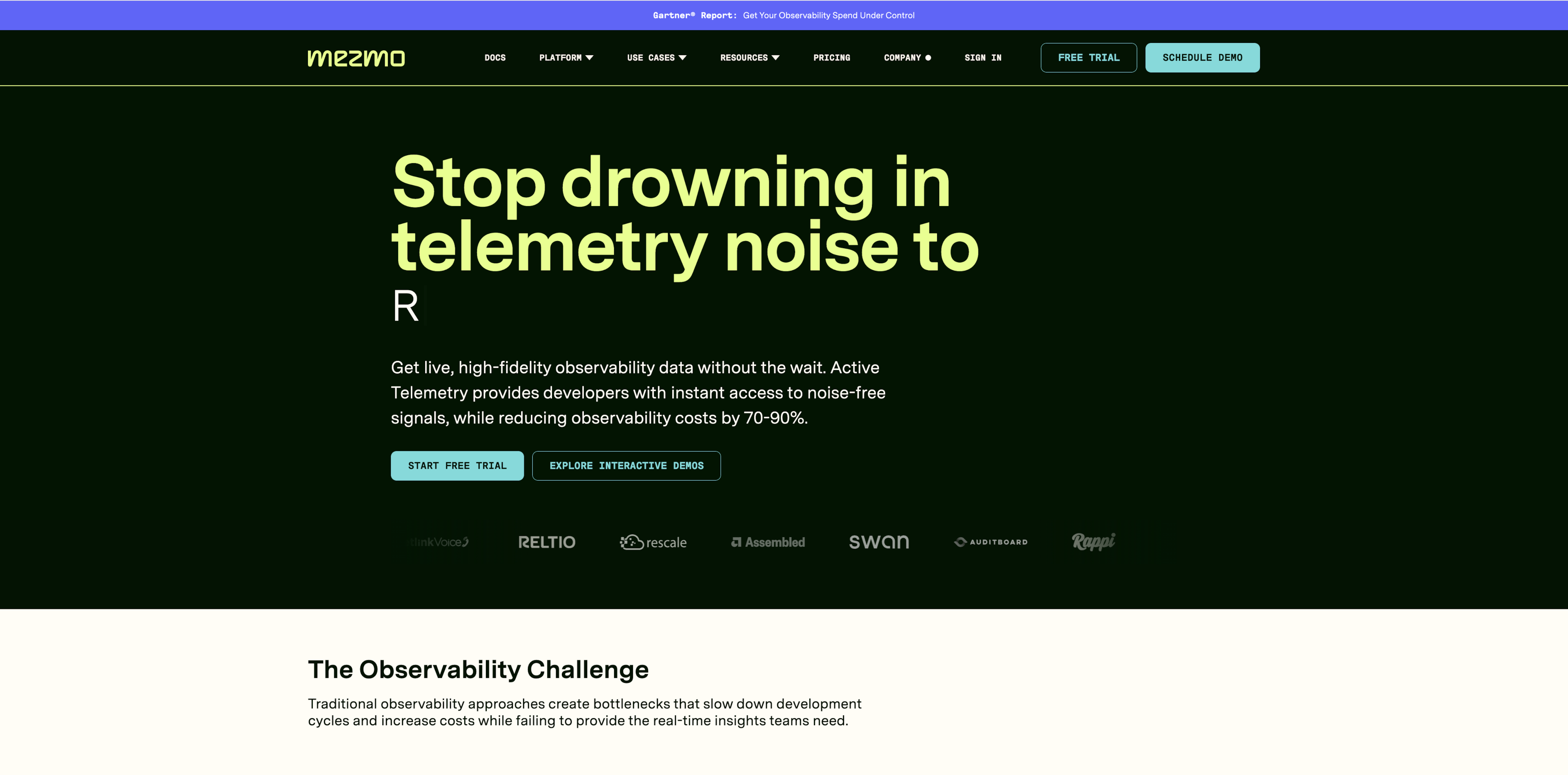 Dark background with neon text on Mezmo homepage