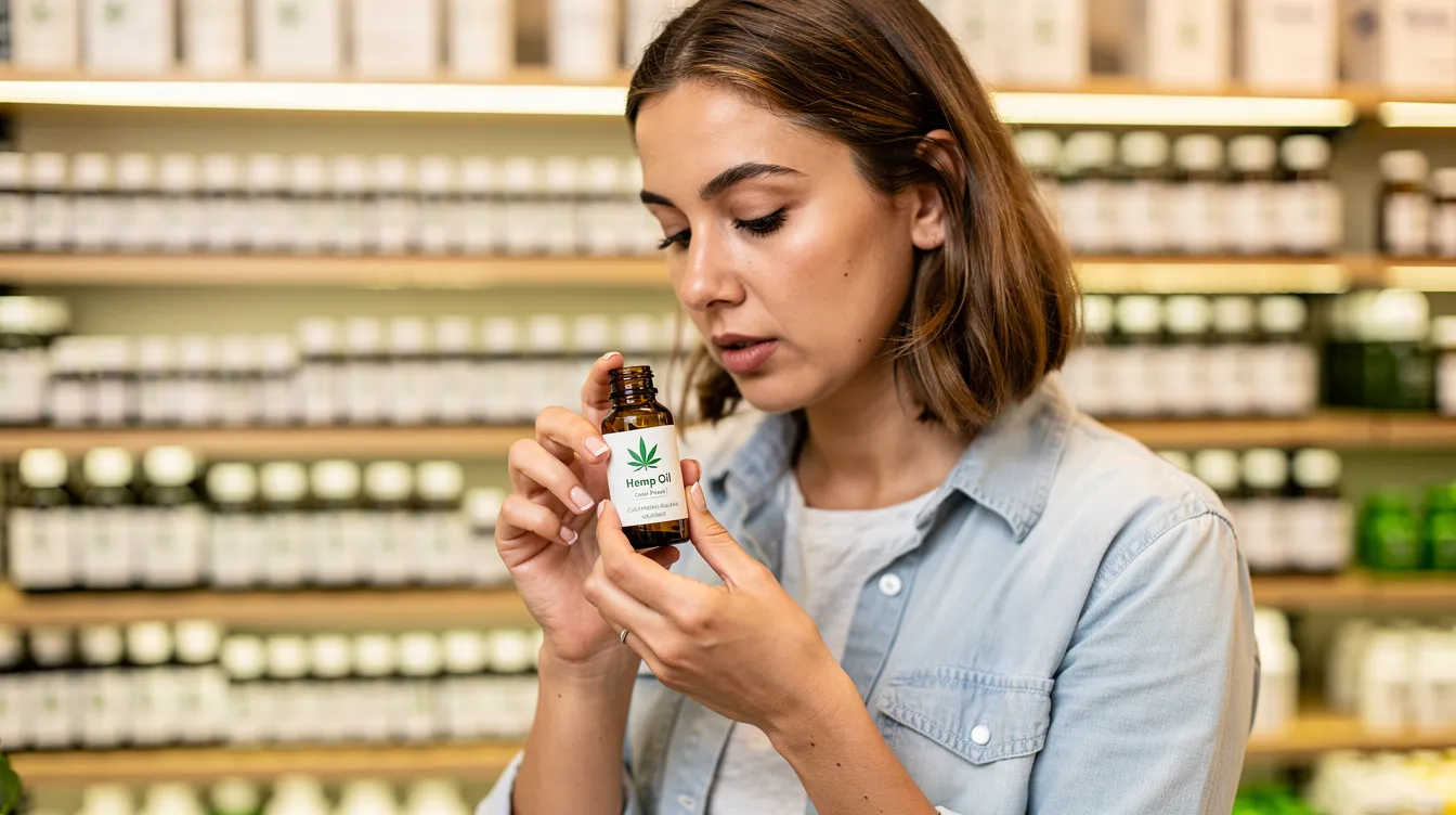 A person is closely examining the label on a small bottle of hemp oil in a well-lit store, highlighting the interest in hemp-derived products and their contents, which may include naturally occurring cannabinoids like delta 8 THC. The setting suggests a focus on informed choices regarding hemp products in compliance with Colorado state law.