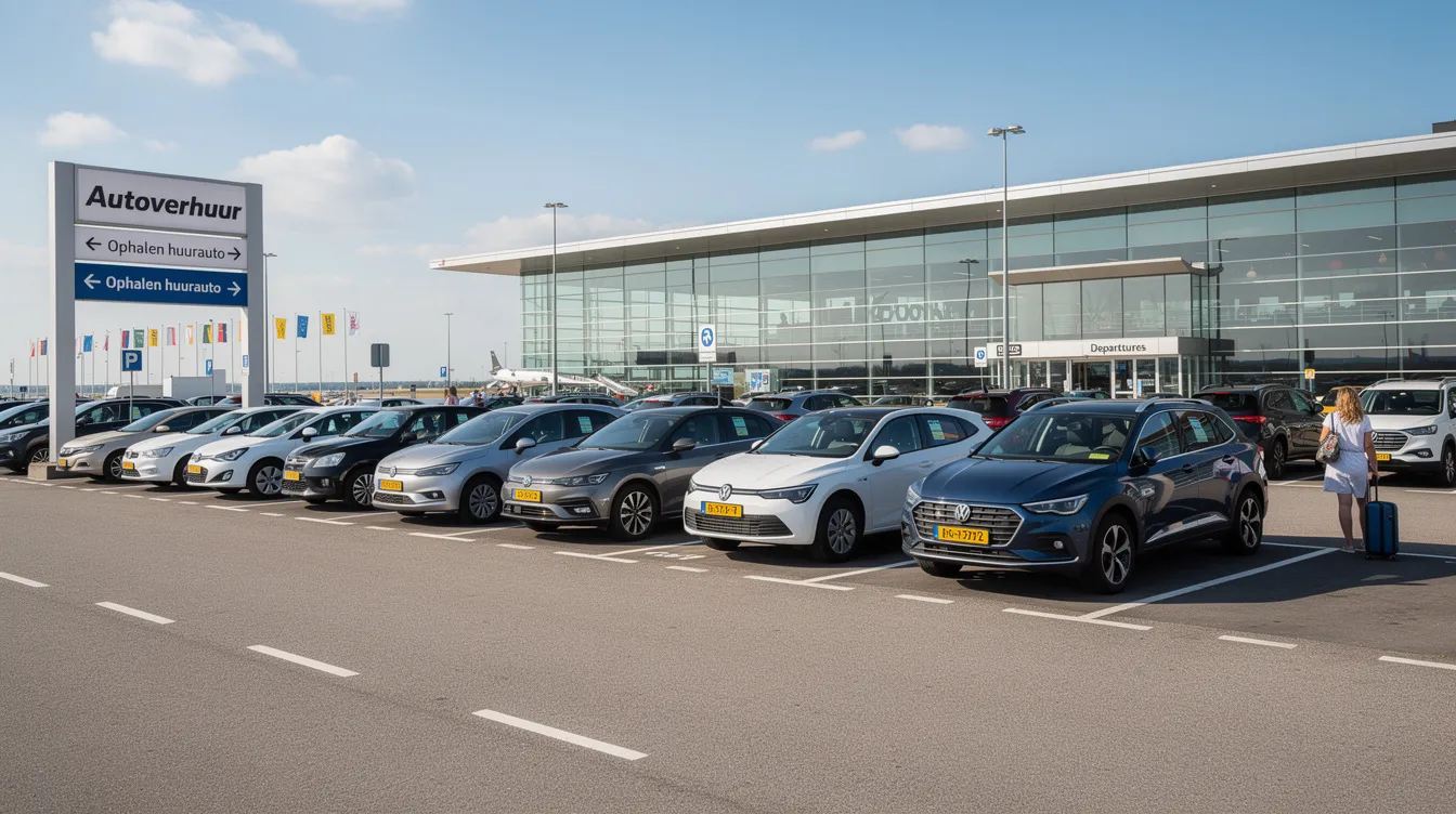 Een parkeerterrein bij de luchthaven van Nador met verschillende huurauto's, waaronder compacte auto’s en luxe voertuigen, klaar voor het ophalen door reizigers. Dit is de ideale plek voor het huren van een auto in Nador, waar je de beste deals en goedkoopste huurauto's kunt vinden om de prachtige Middellandse Zee en mooie stranden te verkennen.