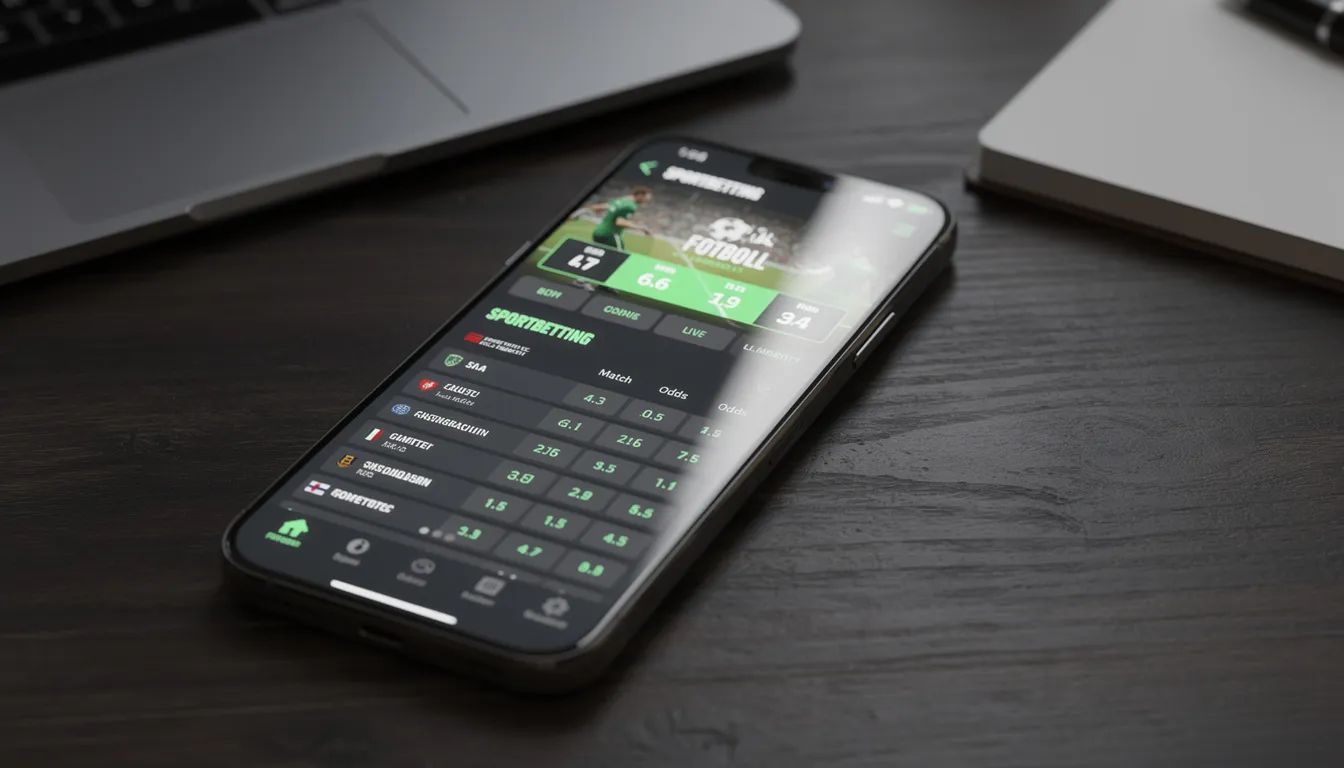 En smartphone visar ett sportbetting-gränssnitt med fotbollsodds, där användaren kan se aktuella odds och placera sina bet. Gränssnittet är enkelt och användarvänligt, perfekt för att spela hos Speedybet med snabba insättningar och uttag.