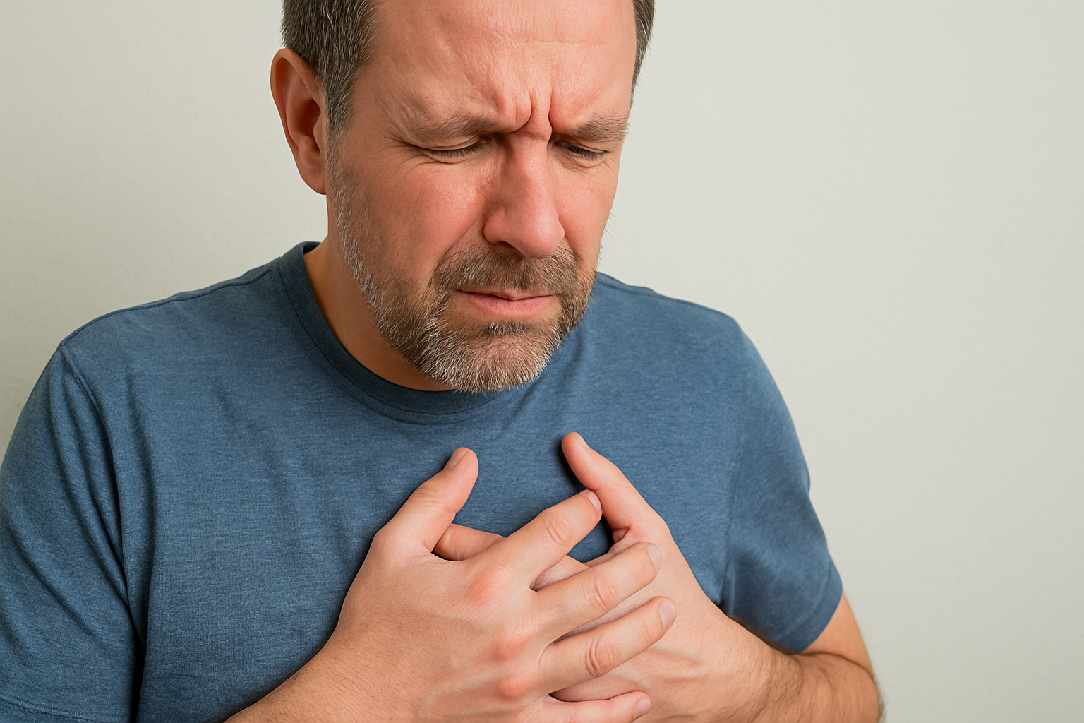 Midtaldrende mann med brystsmerter holder hendene over brystet, anspent uttrykk og nøytral bakgrunn.