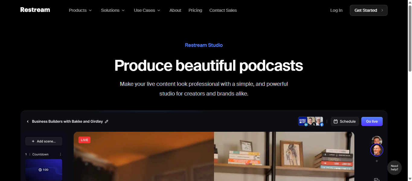 Restream Studio page showing “Produce beautiful podcasts” with a live interview layout preview.