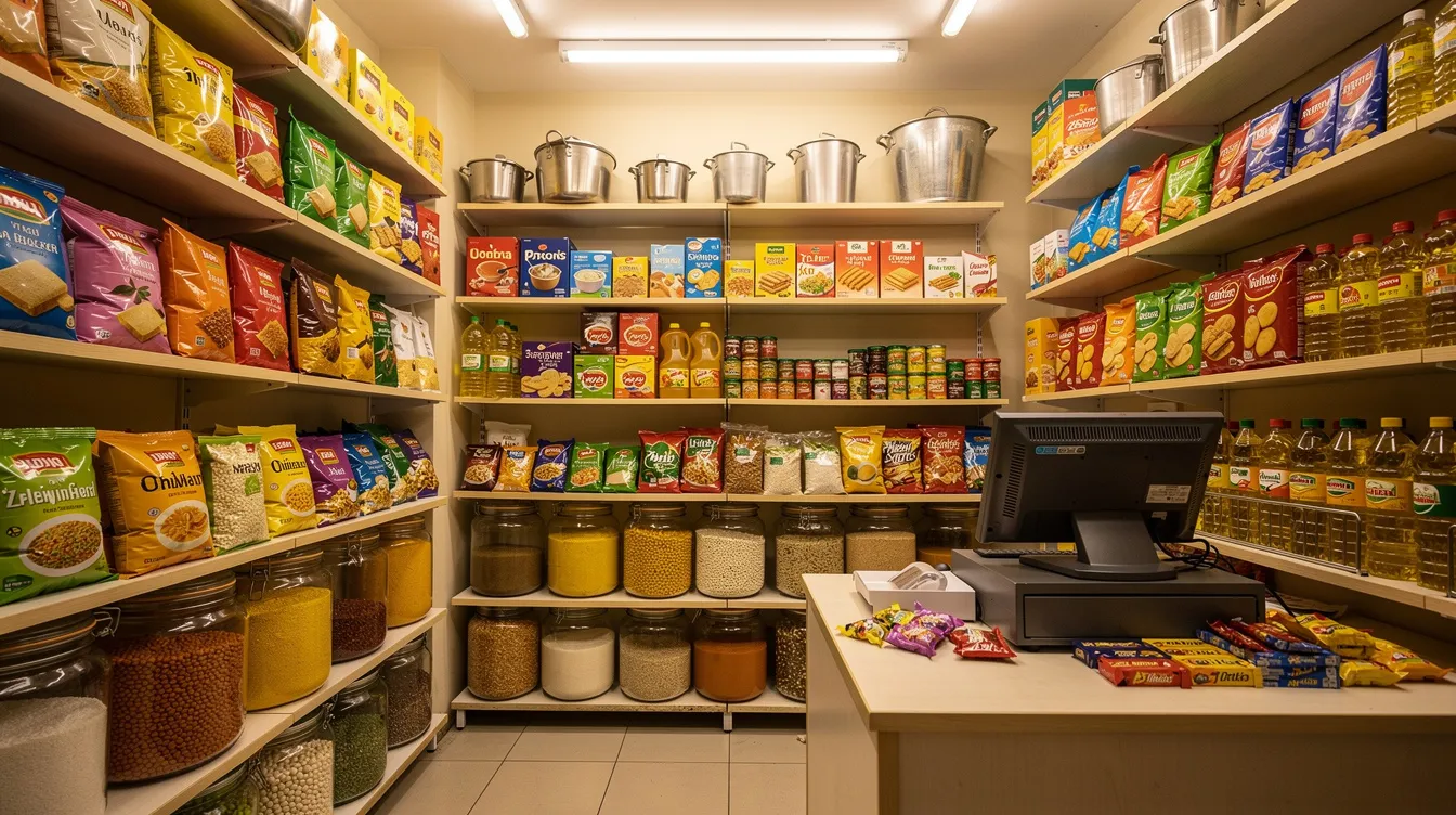 1d971015 7d16 474b 9d0e b8d332d18b38 The image depicts the interior of a small Indian grocery shop, featuring neatly arranged shelves filled with various products and a billing counter at the front. This setting is ideal for entrepreneurs looking to understand the financial assistance options available through schemes like the Pradhan Mantri Mudra Yojana, which supports micro enterprises and small business loans.