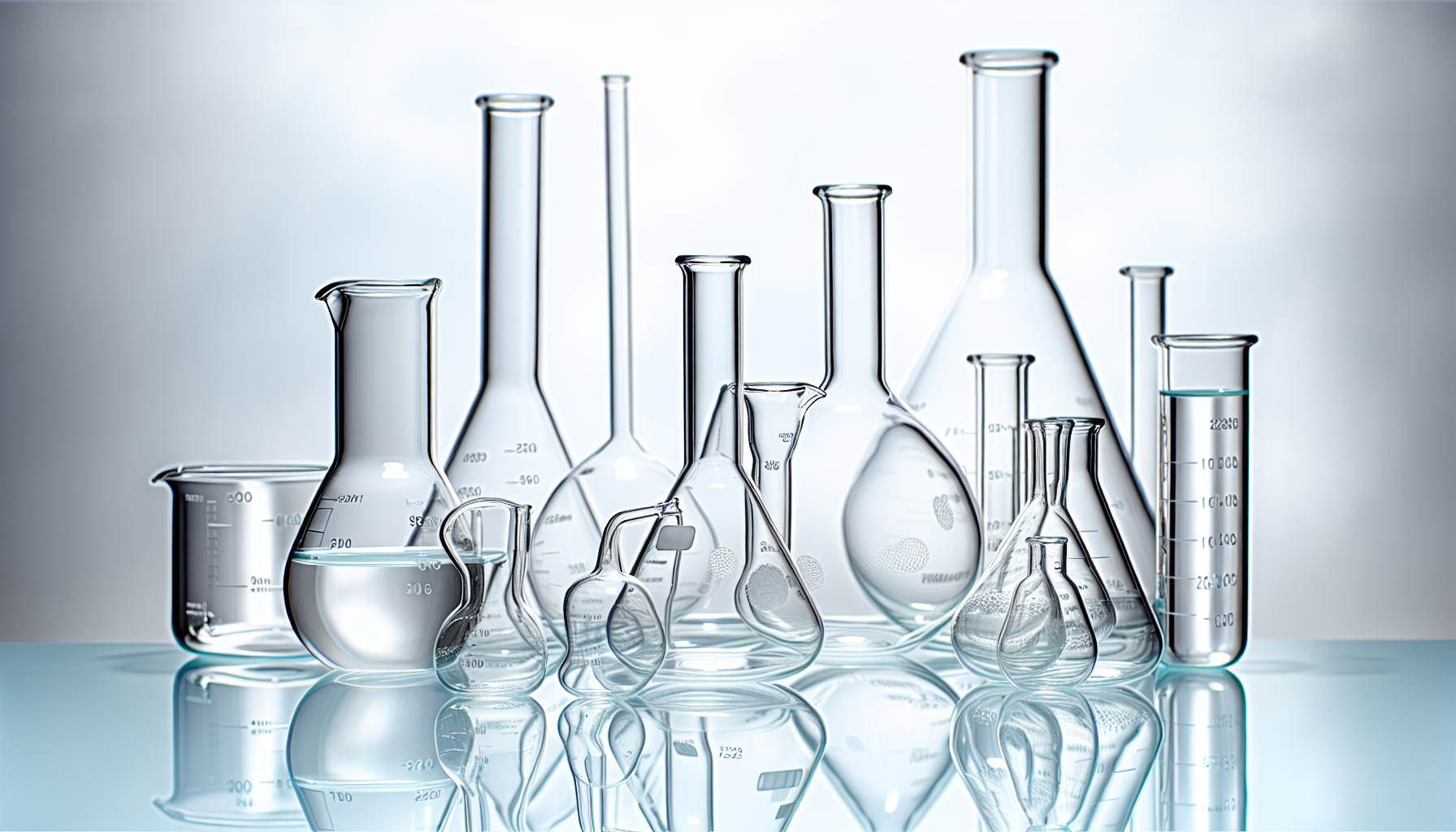 Various laboratory glassware including beakers, flasks, and volumetric instruments