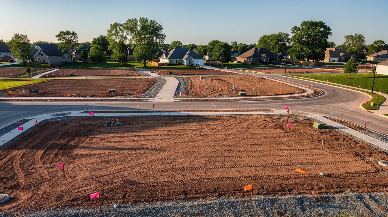 The image depicts a suburban area featuring multiple vacant land lots marked with survey stakes and partially constructed roads in a new subdivision. This land is ideal for real estate investors looking for opportunities in land acquisition, potentially utilizing hard money loans or vacant land loans for financing.