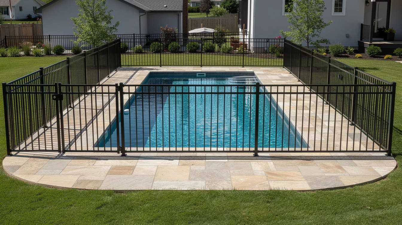 The image depicts a completed fiberglass swimming pool surrounded by stone decking and secured with an aluminum safety fence, creating a safe and inviting pool area in a backyard setting. The pool features a smooth fiberglass shell and is ready for use, showcasing the final result of the fiberglass pool installation process.