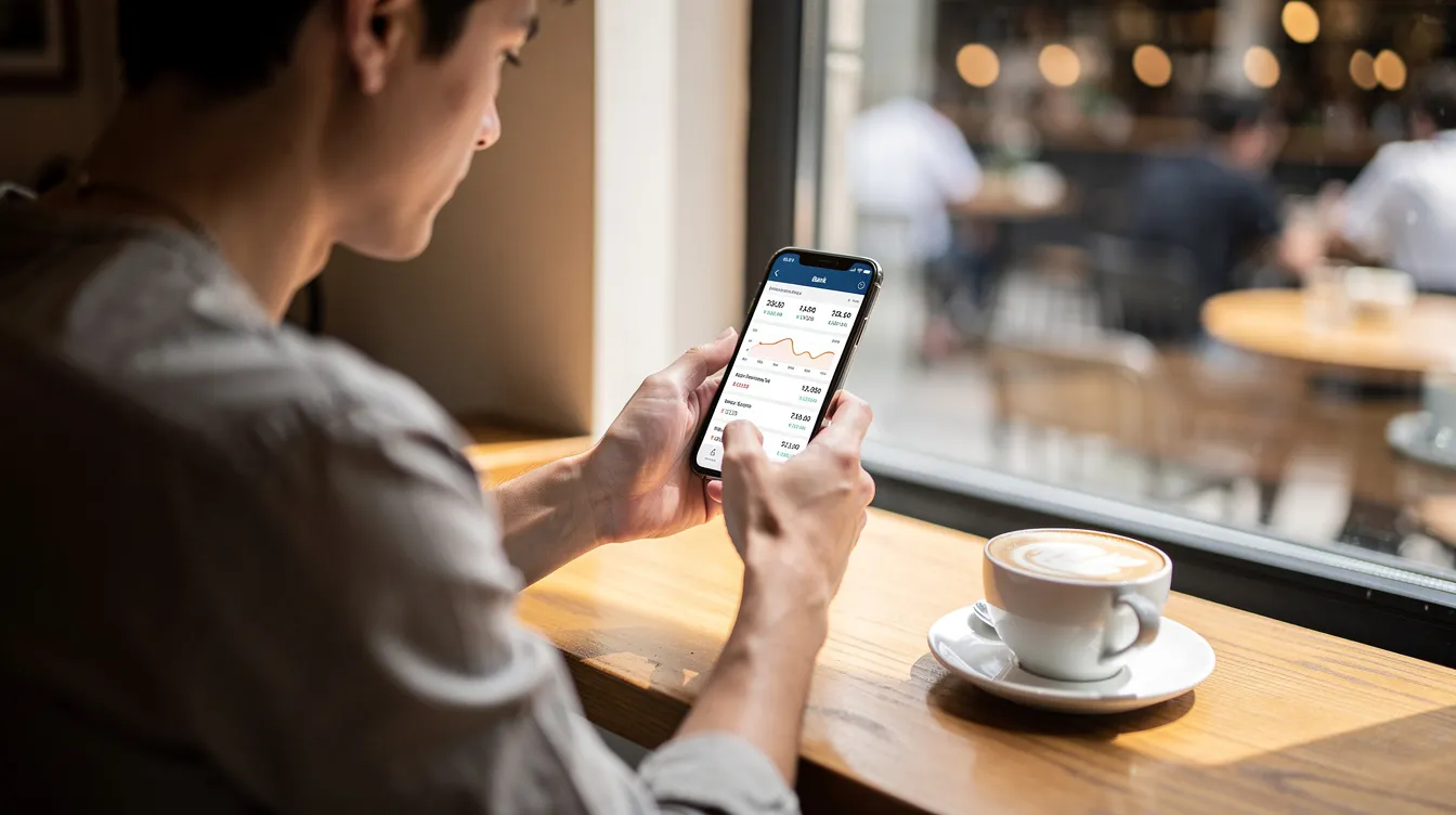 A person is sitting at a café table, enjoying a coffee while using a smartphone banking app to manage their business finances. The app likely features tools for international payments and multi-currency accounts, ideal for small businesses and e-commerce operations.