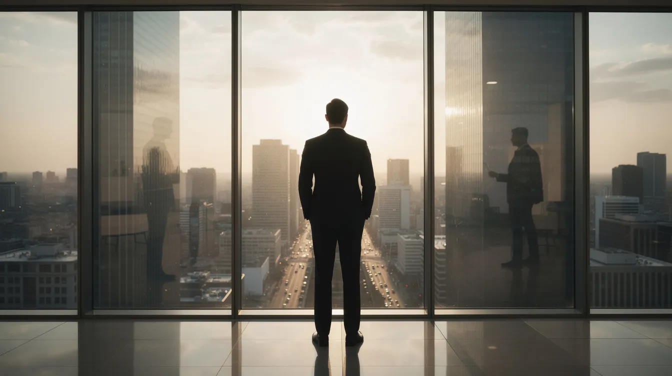 Un professionnel se tient devant une grande fenêtre, contemplant un paysage urbain sous un ciel lumineux, illustrant sa quête de sens dans sa vie professionnelle et sa réflexion sur ses objectifs de carrière. Cette image évoque le développement personnel et la recherche de satisfaction au travail.