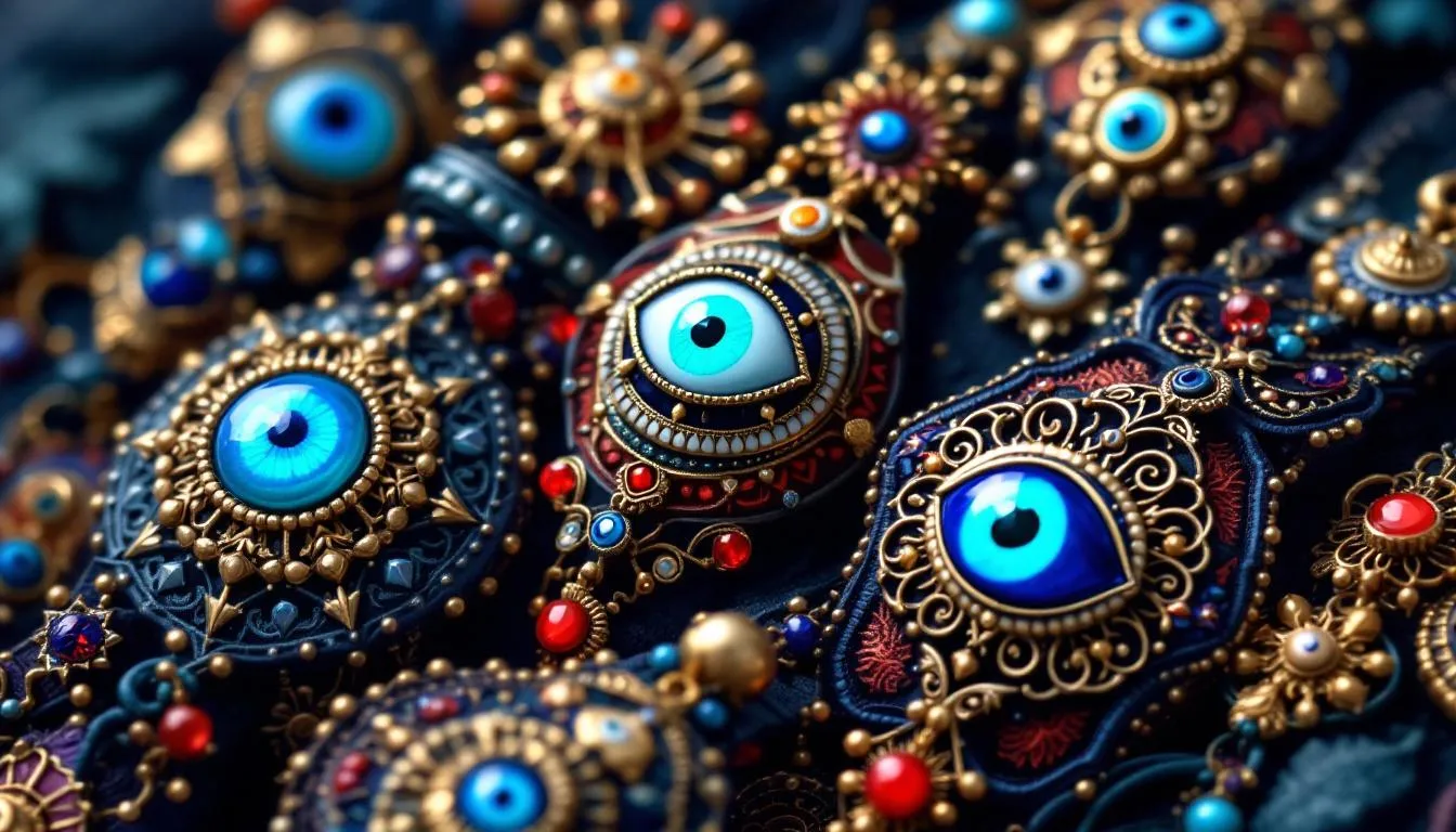 A close-up of stunning evil eye bracelets displayed together.