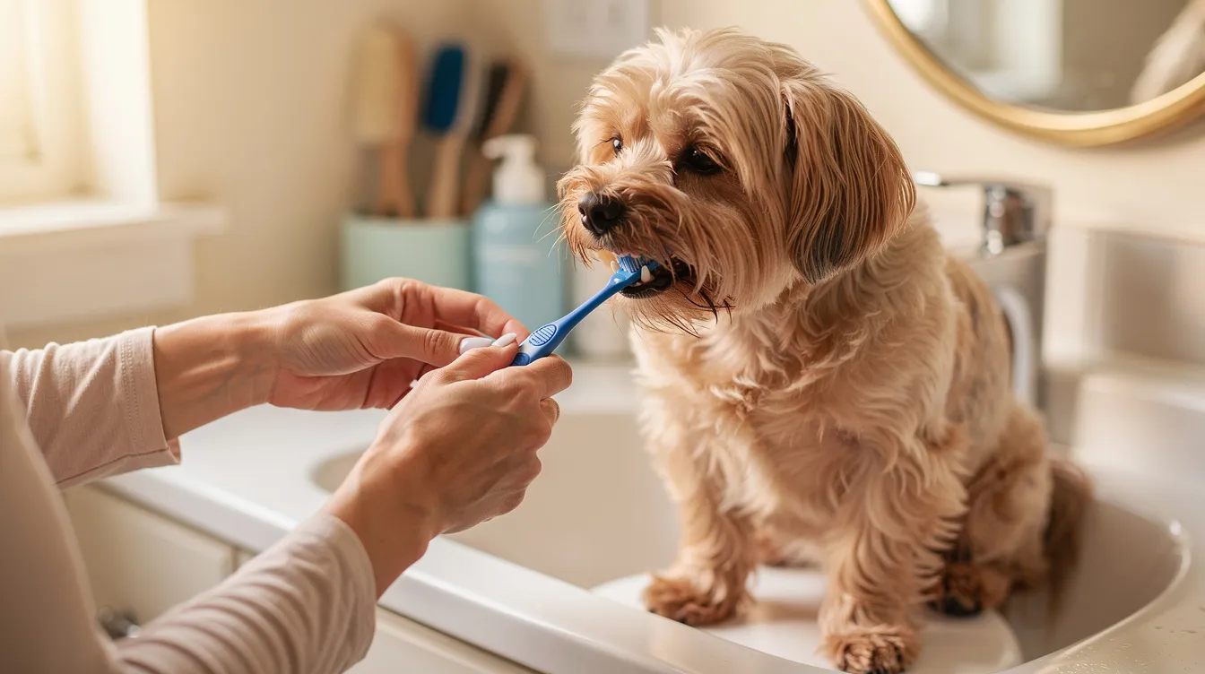 A person is gently brushing the teeth of a small dog, possibly a toy poodle or a shih tzu, emphasizing the importance of dental care for small dog breeds. The scene highlights the bond between dog owners and their affectionate companions, promoting a healthy lifestyle for pets.