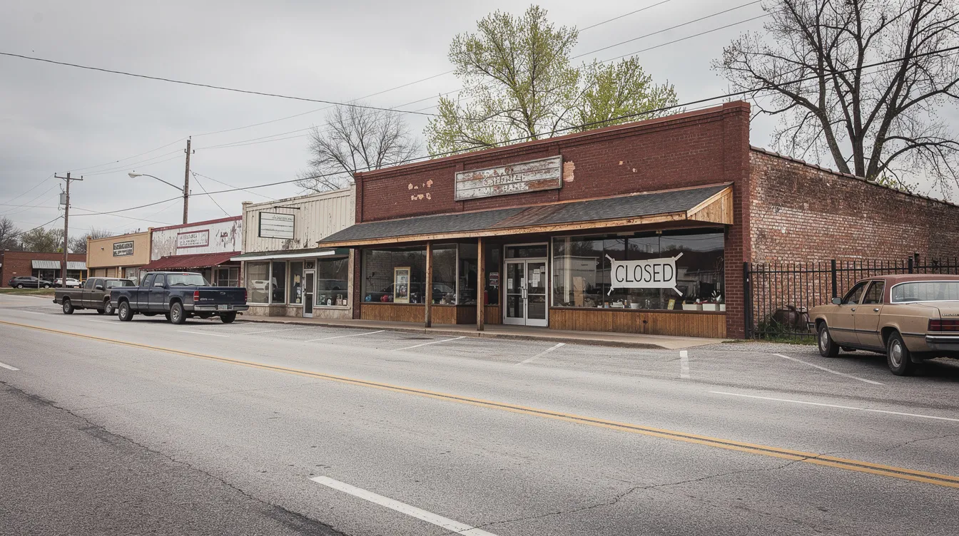The image depicts a quaint small-town main street with a retail storefront displaying a "closed" sign in the window, set against a rural American backdrop. This scene reflects the local economy, where discussions about hemp products and cannabis laws, such as the legality of delta 8 in Wyoming, are prominent among community members.