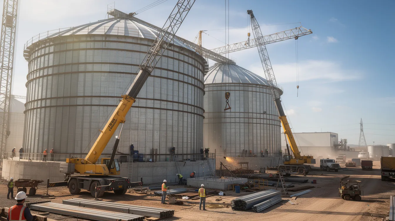 1d9eb1f5 d370 49d4 8e5f f28aa43cca93 The image depicts the construction of steel grain storage structures, featuring cranes and workers actively engaged on an industrial site. This project aims to enhance grain storage capacity, contributing to food security and reducing post-harvest losses through improved efficiency in the handling of food grains like wheat and rice.