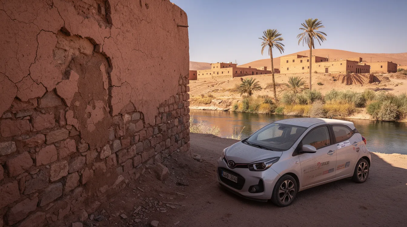 Une petite voiture de location garée près d'un ancien rempart au bord d'une rivière au Maroc.