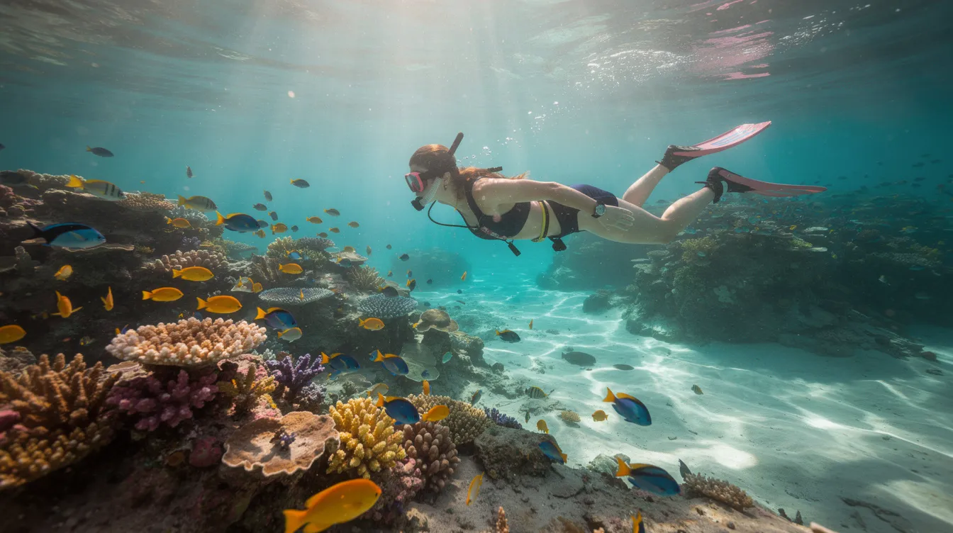 Uma pessoa flutua em águas cristalinas de um recife raso, usando equipamento de snorkel enquanto observa peixes coloridos que nadam ao seu redor. A cena captura a beleza da vida marinha em Curaçao, um destino paradisíaco no Caribe.