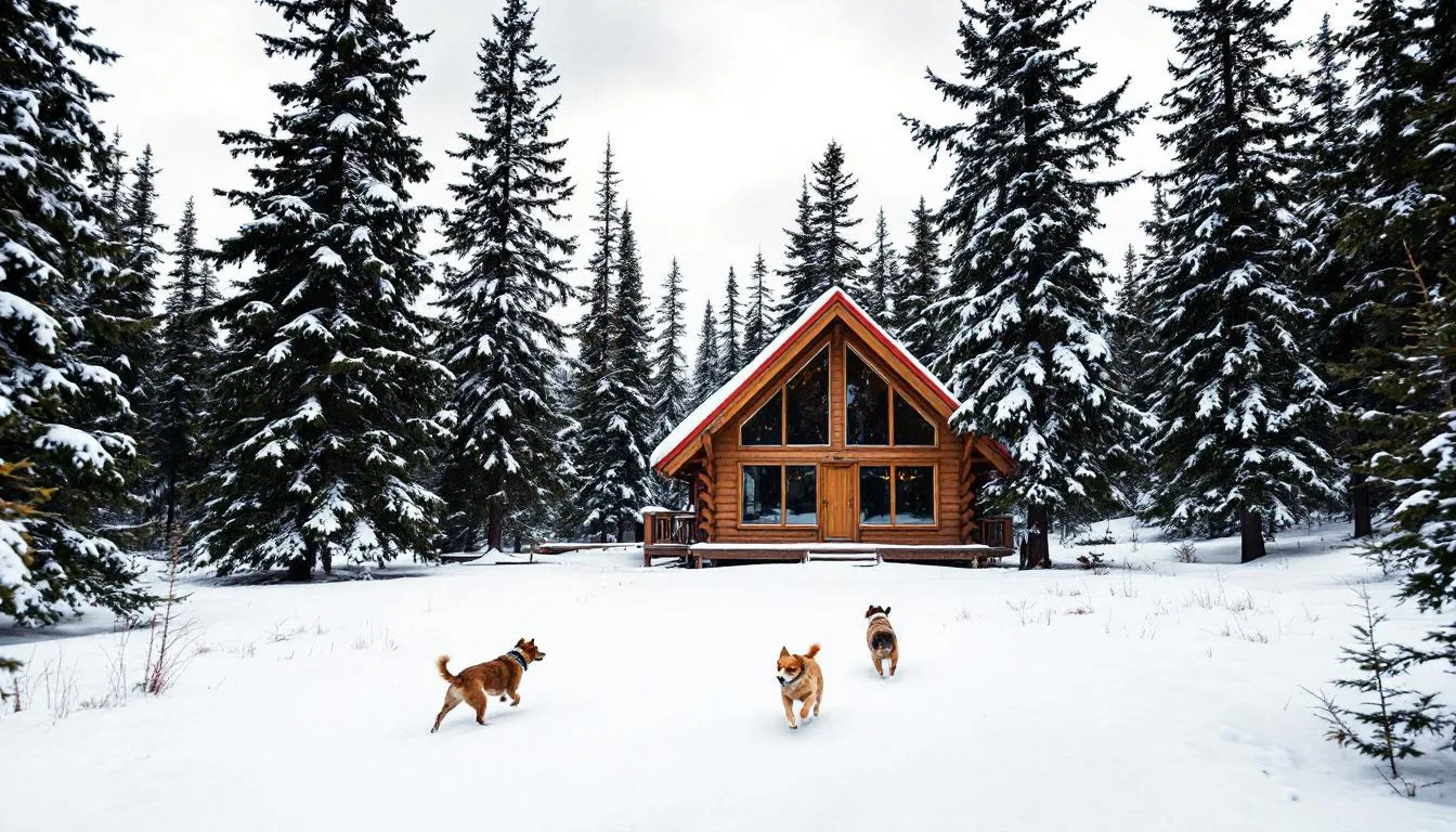 A cozy mountain cabin in Brian Head features dogs joyfully playing in a snowy yard, surrounded by tall pine trees. This pet-friendly property offers a perfect retreat for families looking to enjoy the winter scenery and outdoor activities.
