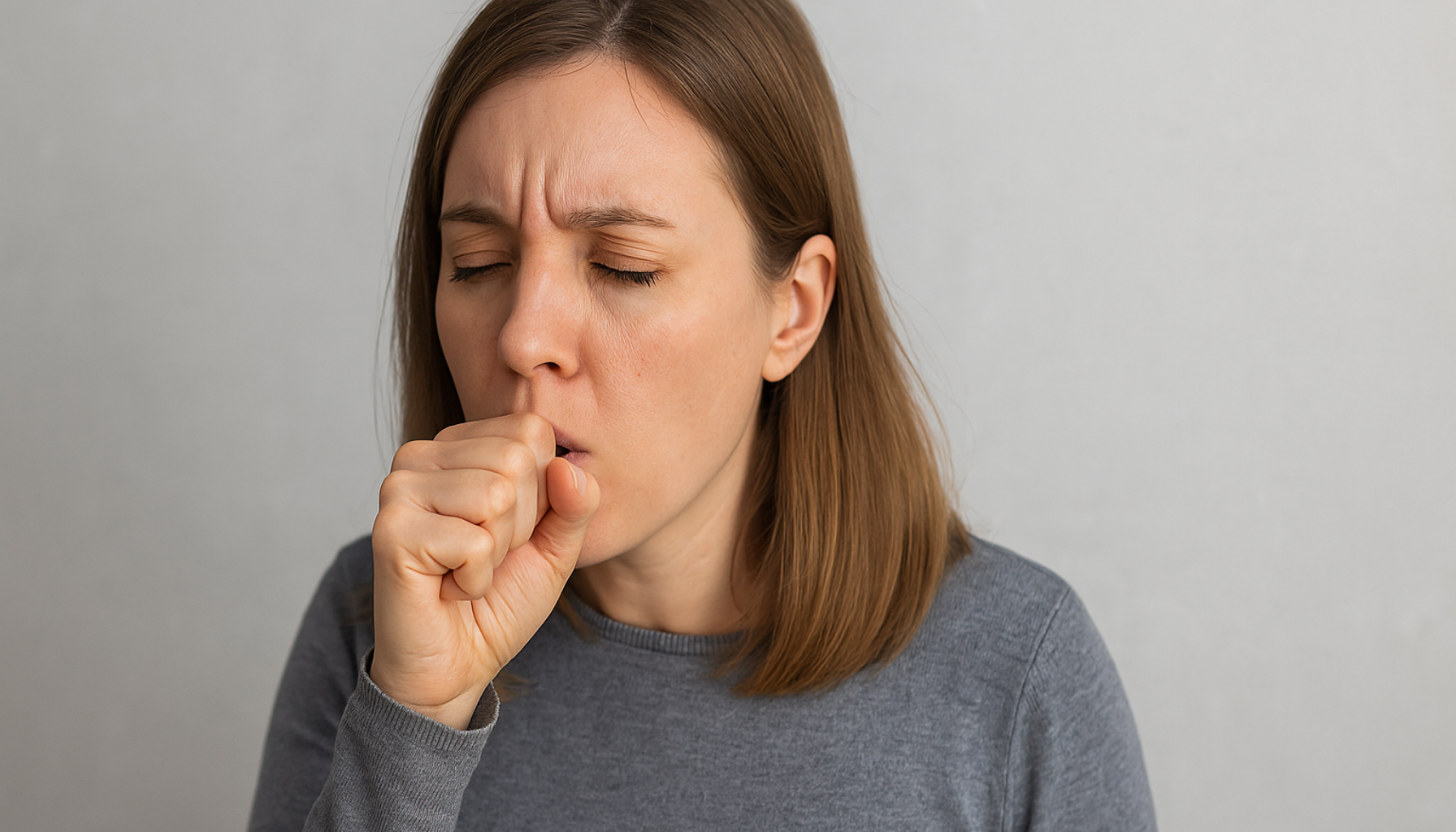 Kvinne i grå genser hoster tørt med lukket øyne, viser ubehag og pustebesvær i nøytral setting.