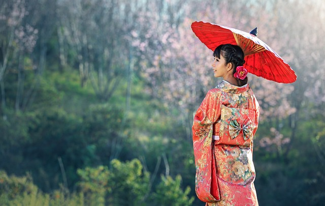 kimono, mujer, paraguas