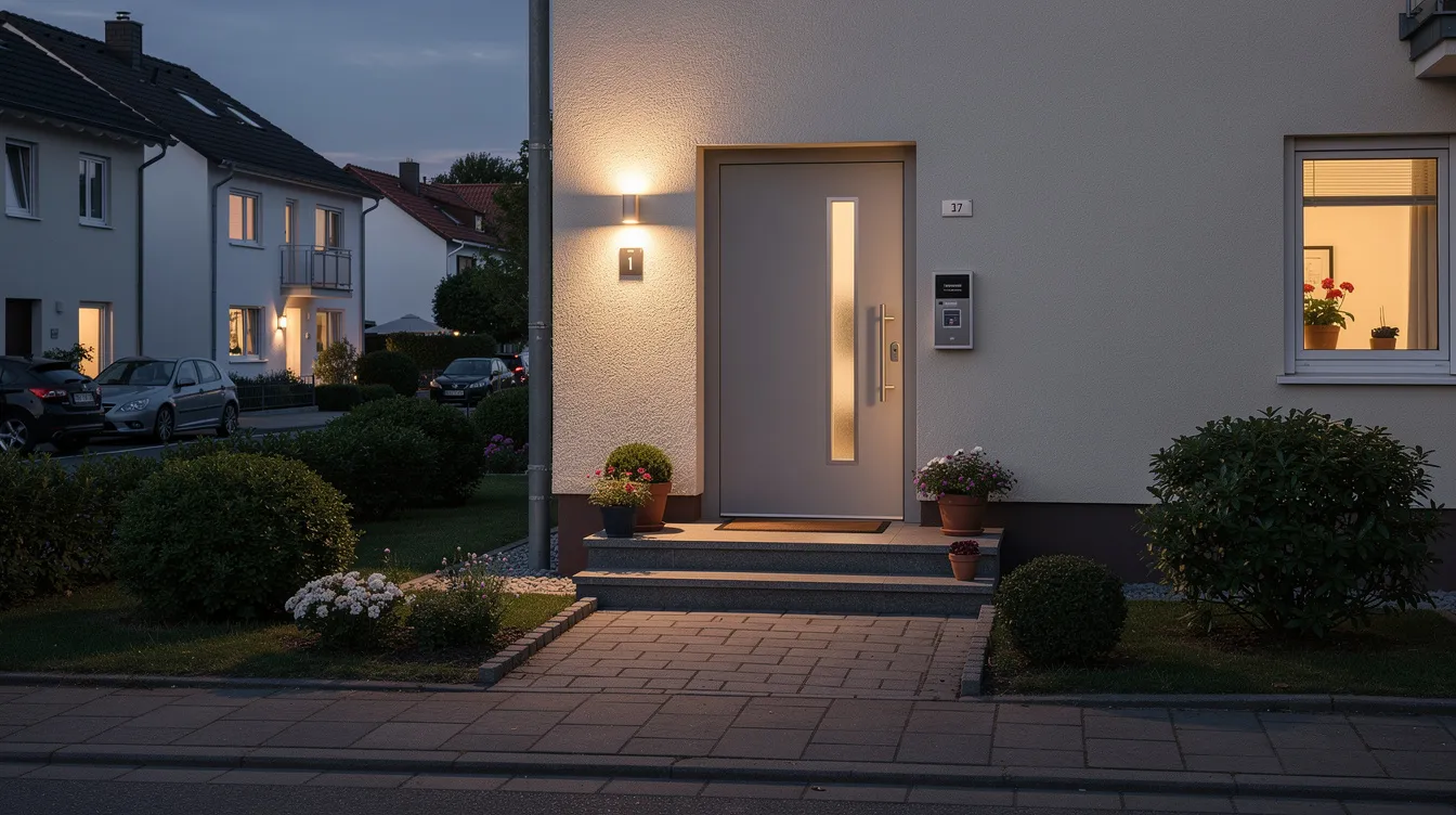 Der ruhige Hauseingang zeigt eine gepflegte Nachbarschaft mit eingeschaltetem Außenlicht, das ein Gefühl von Sicherheit vermittelt. Die beleuchtete Umgebung könnte potenzielle Einbrecher abschrecken und ist ein Beispiel für effektiven Einbruchschutz durch Sicherheitsmaßnahmen wie Bewegungsmelder und Außenbeleuchtung.
