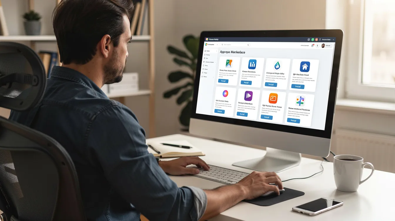 A Shopify merchant is seen browsing the Shopify app store on a desktop computer, exploring various app listings to enhance their online store. The screen displays options for app development, customer management, and tools for boosting sales through personalized email campaigns and social media ads.