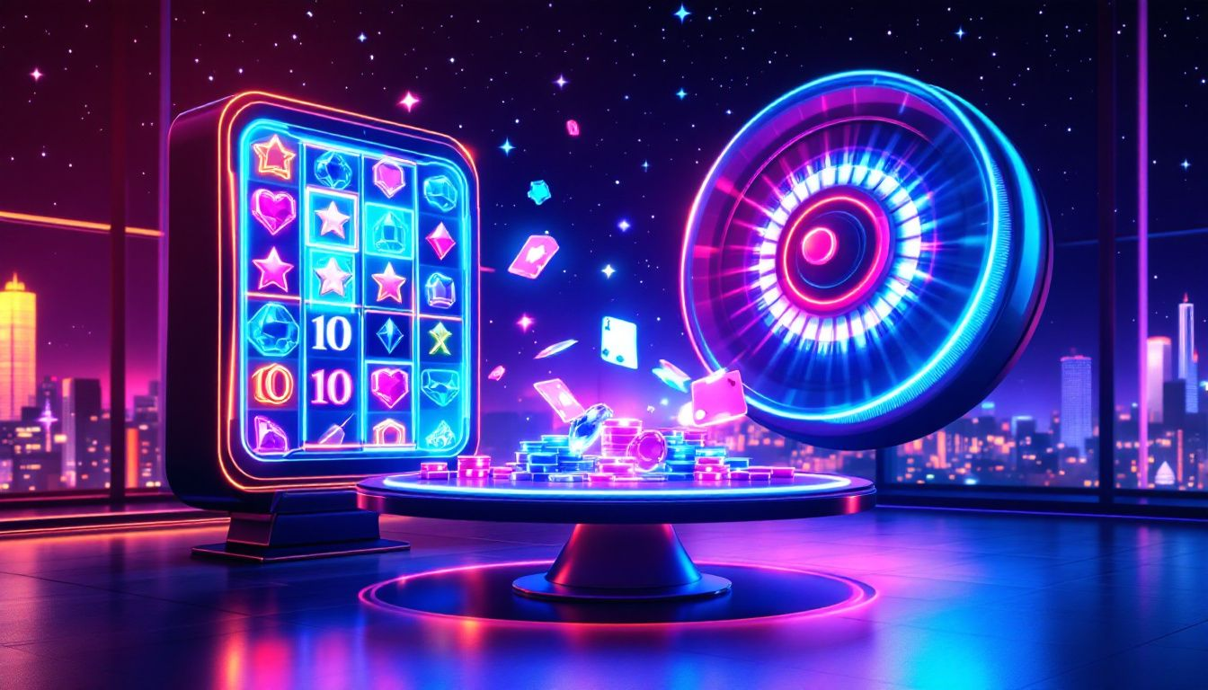 A collage of popular casino games including slots, blackjack, and roulette.