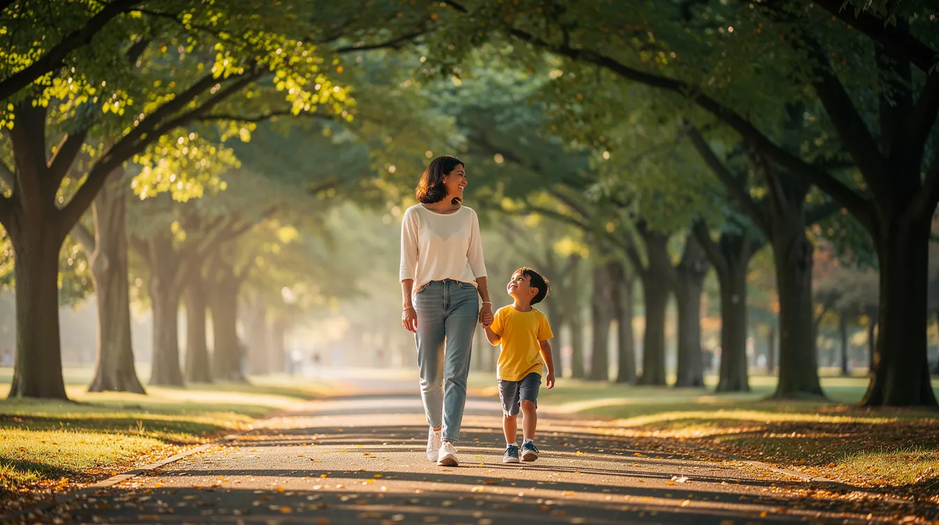 A parent and child walk side by side along a serene, tree-lined path, both smiling and relaxed in the soft natural light, embodying the support and encouragement essential for building confidence in children facing unique challenges in school. This moment reflects the importance of resilience building and emotional regulation in daily life.