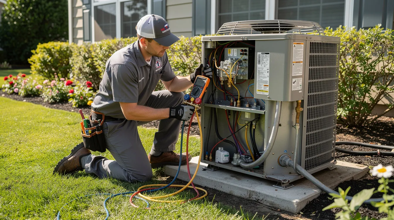 A technician is working on an outdoor air conditioning unit in a residential garden, ensuring the system is well-maintained for optimal energy efficiency. The technician is focused on servicing the air conditioning system to enhance its performance and reliability.