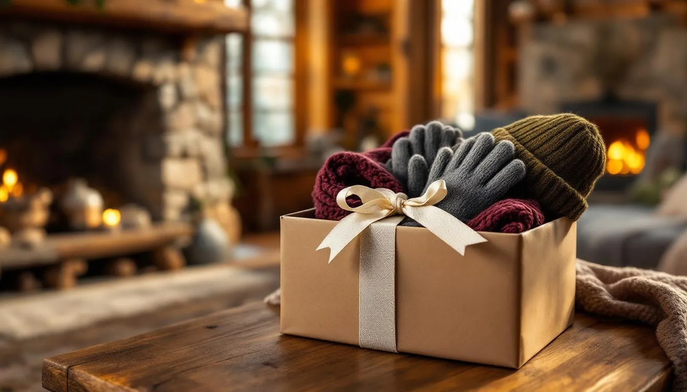 A cozy winter essentials gift box for him, featuring warm clothing and accessories.