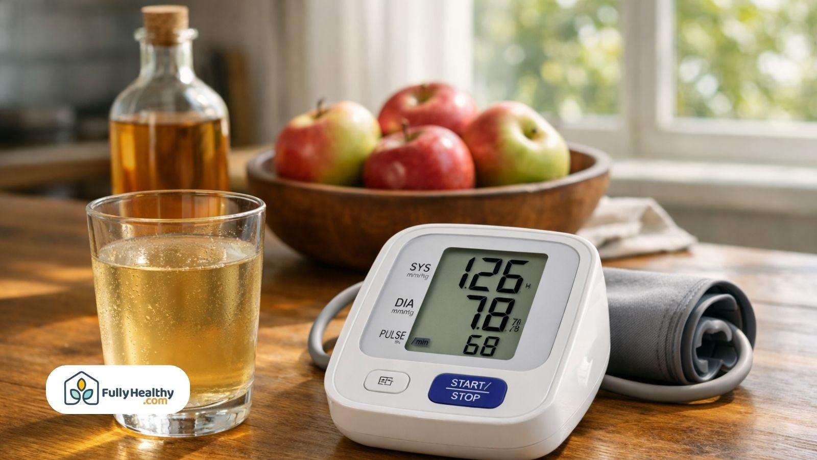 Glass of apple cider vinegar drink beside digital blood pressure monitor and apples