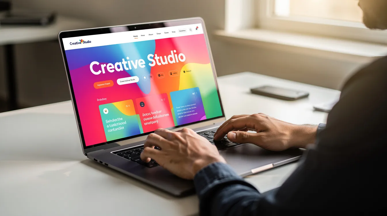 A person is sitting at a desk, focused on their laptop, which displays a colorful preview of an AI-generated website. The screen showcases various design elements and a user-friendly interface, highlighting the capabilities of an AI website builder for creating a professional-looking site in just a few minutes.